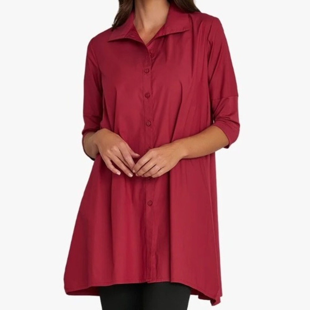 Stella Carakasi Red Tunic Shirt Dress Button Front 3/4 Sleeve XXL Womens